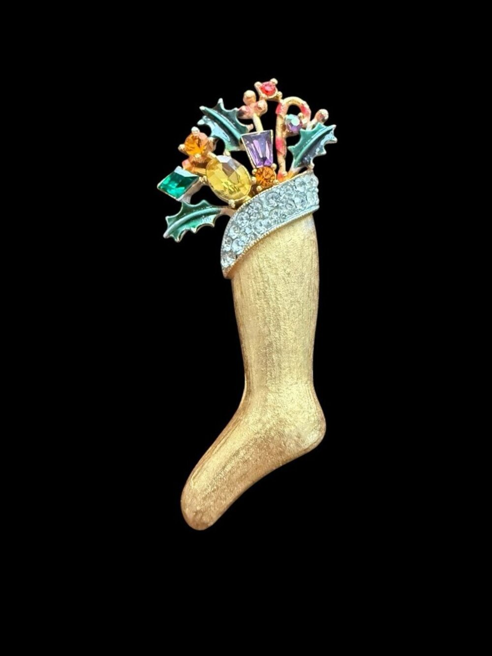 Vintage Weiss Signed Brooch Christmas Stocking Rhinestone Enamel Gold Tone Pin